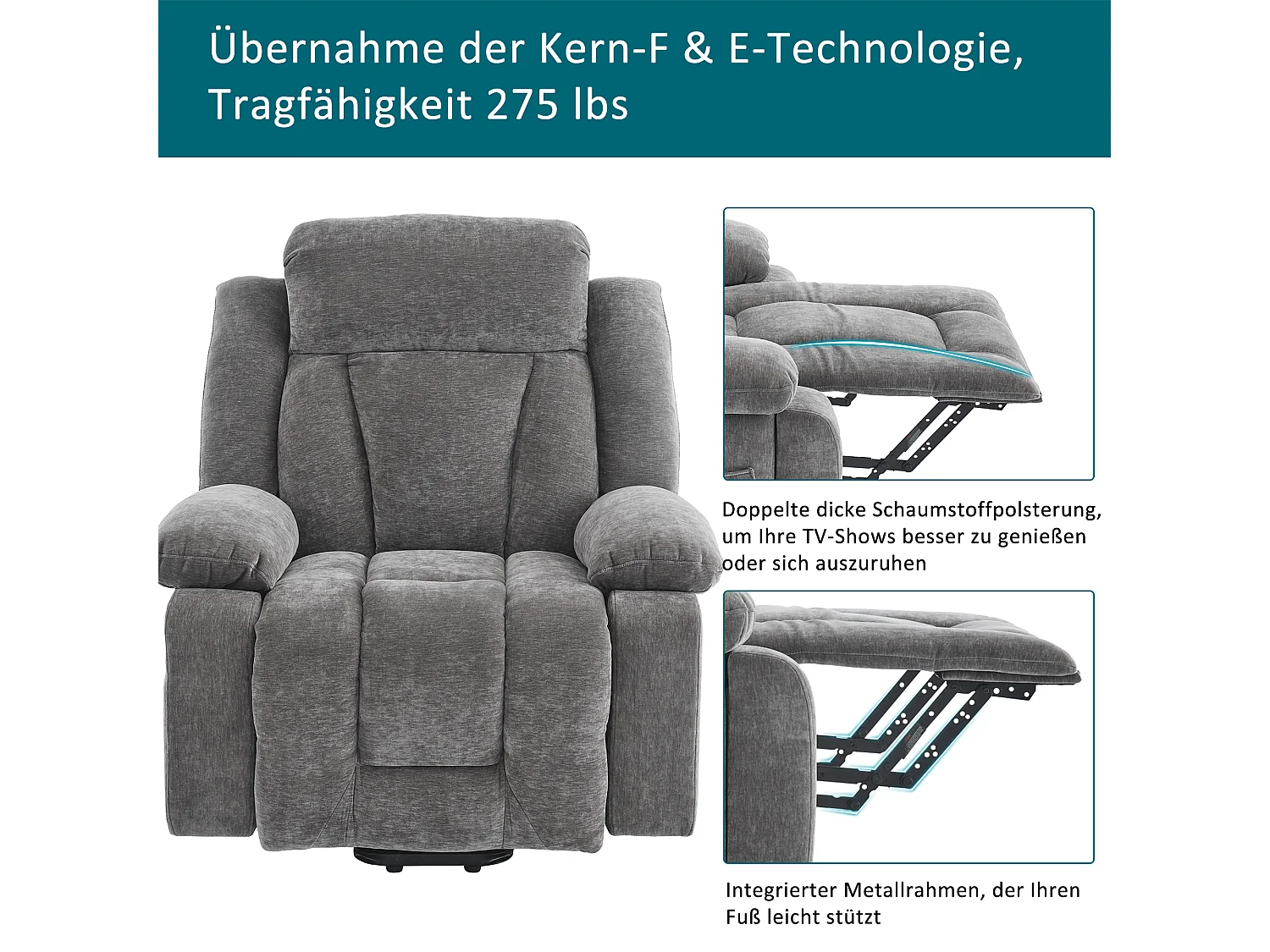 Fotel masujący elektryczny - 95 x 94 x 107 cm - z 8-punktowym masażem + funkcją podgrzewania i podnoszenia - materiałowy - szary