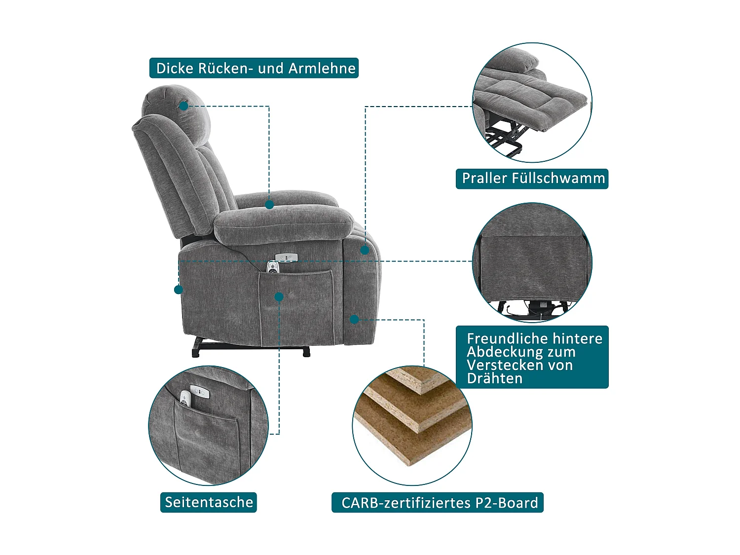 Fotel masujący elektryczny - 95 x 94 x 107 cm - z 8-punktowym masażem + funkcją podgrzewania i podnoszenia - materiałowy - szary