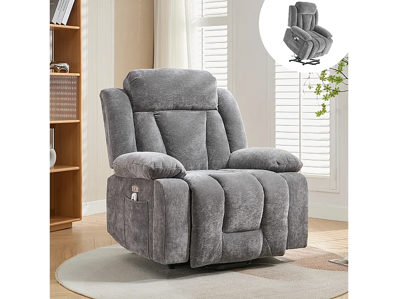 Fotel masujący elektryczny - 95 x 94 x 107 cm - z 8-punktowym masażem + funkcją podgrzewania i podnoszenia - materiałowy - szary