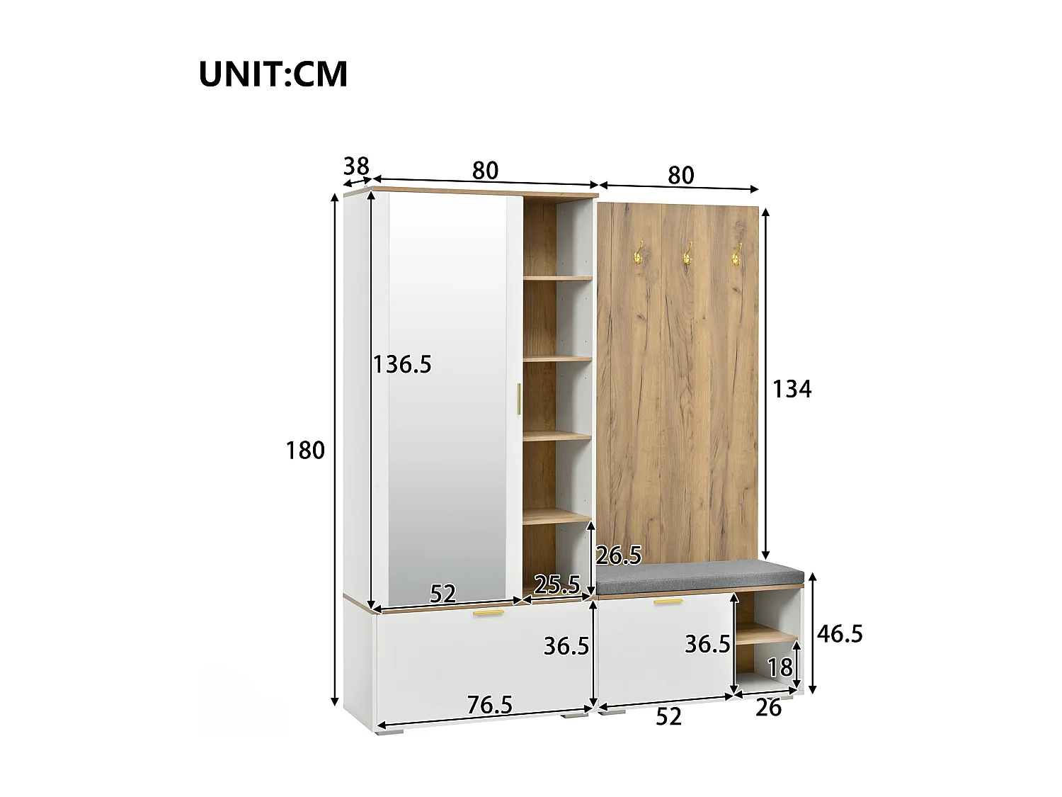 Guarda-roupa/cabideiro - 160 x 38 x 180 cm - com armário e banco para sapatos + varão para pendurar roupas + 4 ganchos + espelho + portas - aglomerado - branco