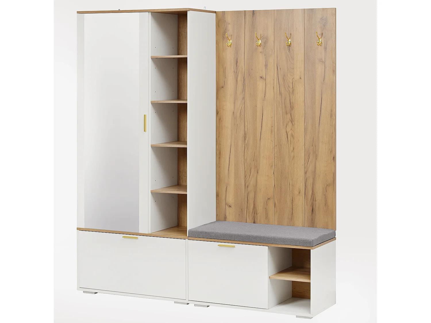 Guarda-roupa/cabideiro - 160 x 38 x 180 cm - com armário e banco para sapatos + varão para pendurar roupas + 4 ganchos + espelho + portas - aglomerado - branco