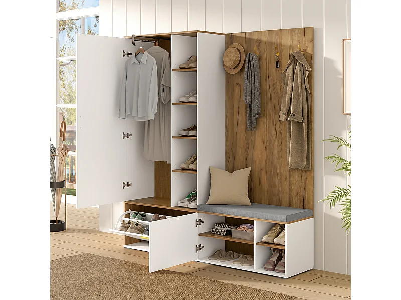 Guarda-roupa/cabideiro - 160 x 38 x 180 cm - com armário e banco para sapatos + varão para pendurar roupas + 4 ganchos + espelho + portas - aglomerado - branco