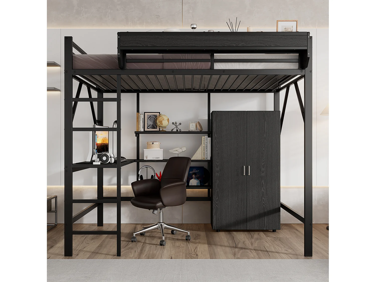 Lit mezzanine en fer enfant - 140 x 200 cm - avec armoire + bureau + étagère de rangement - fer + MDF - noir