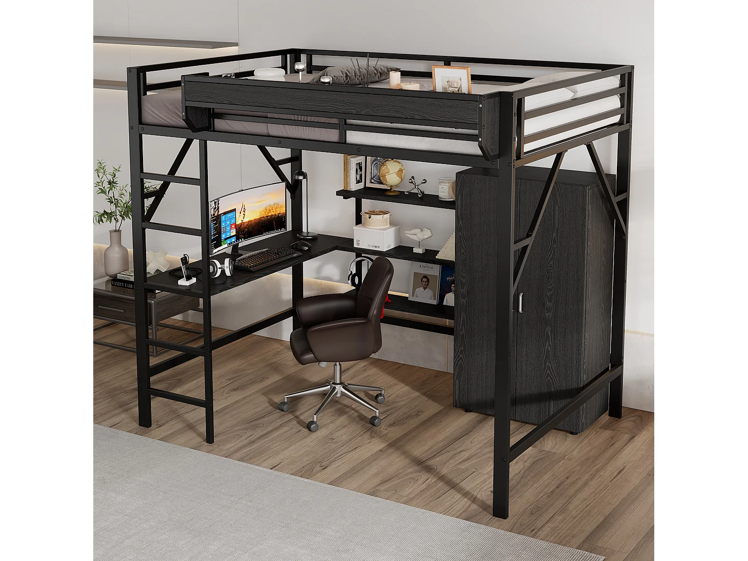 Lit mezzanine en fer enfant - 140 x 200 cm - avec armoire + bureau + étagère de rangement - fer + MDF - noir