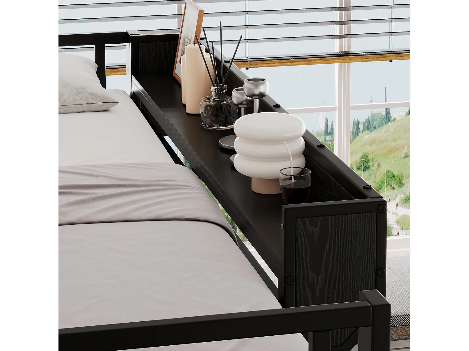 Lit mezzanine en fer enfant - 140 x 200 cm - avec armoire + bureau + étagère de rangement - fer + MDF - noir