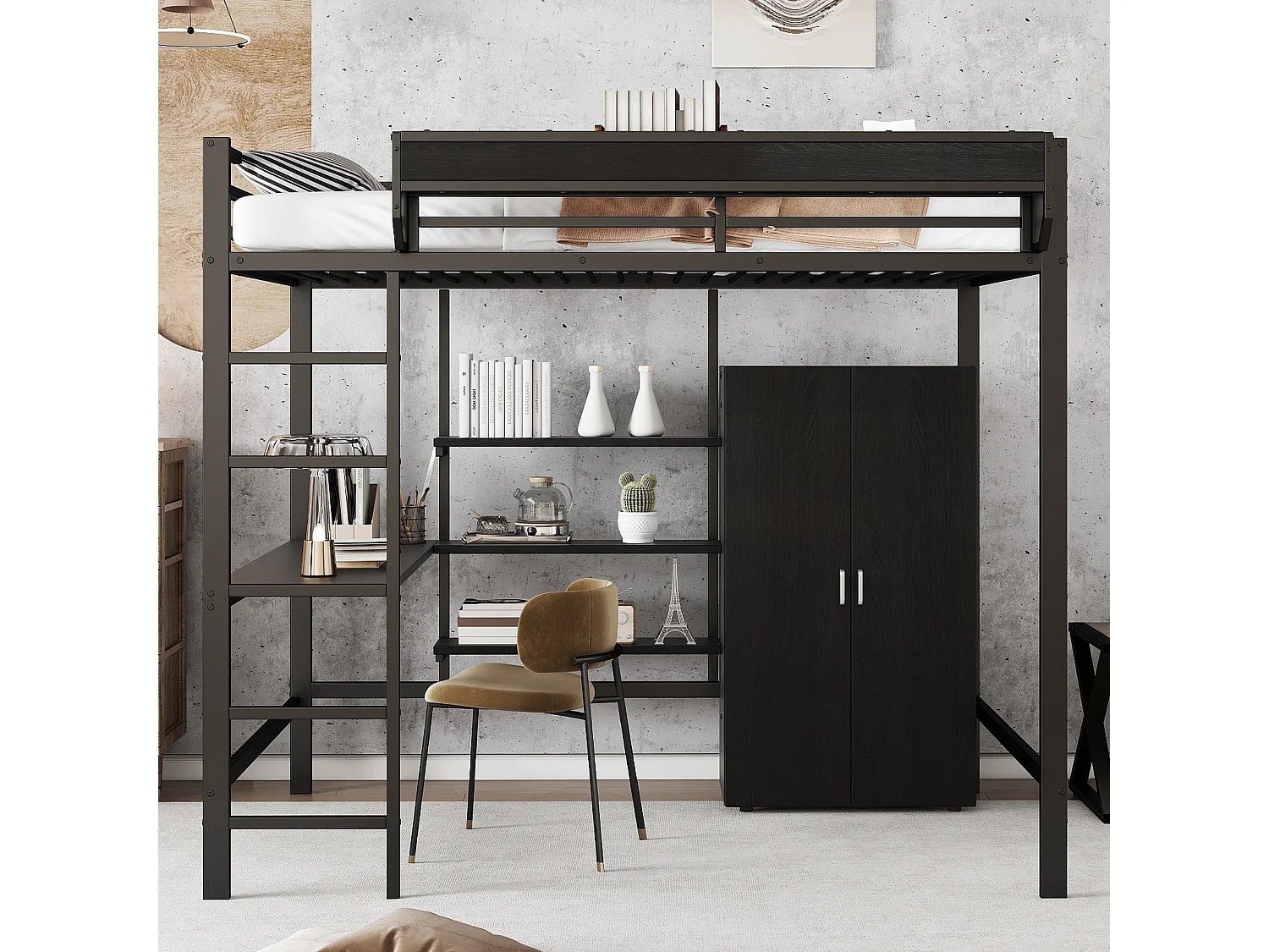 Lit mezzanine en fer enfant - 140 x 200 cm - avec armoire + bureau + étagère de rangement - fer + MDF - noir