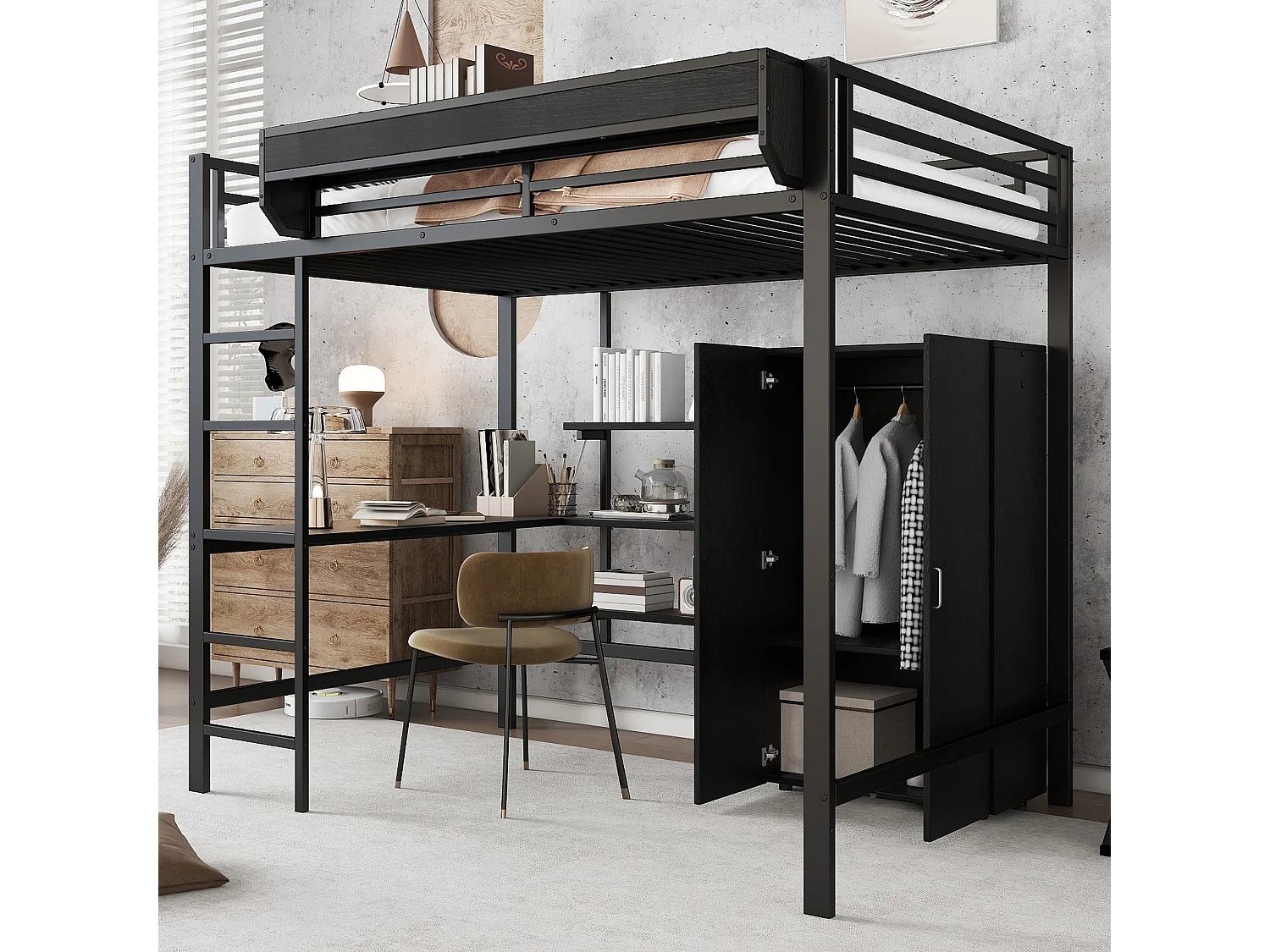 Lit mezzanine en fer enfant - 140 x 200 cm - avec armoire + bureau + étagère de rangement - fer + MDF - noir