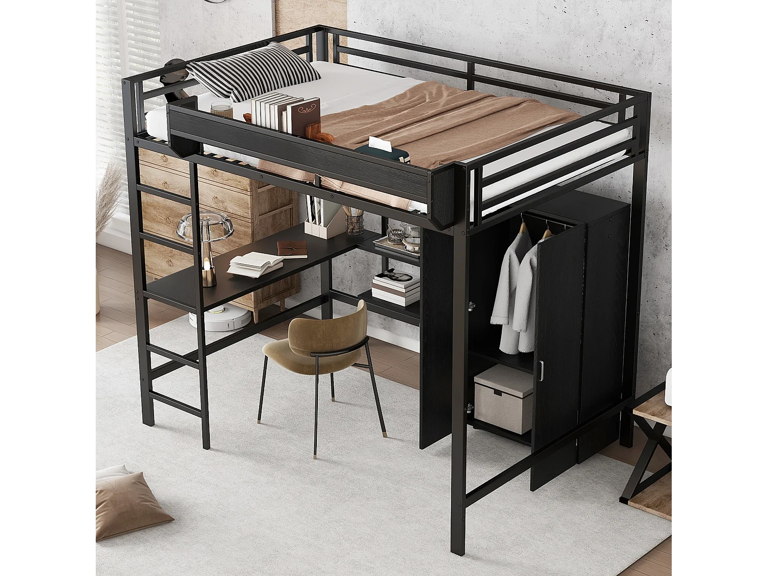 Lit mezzanine en fer enfant - 140 x 200 cm - avec armoire + bureau + étagère de rangement - fer + MDF - noir