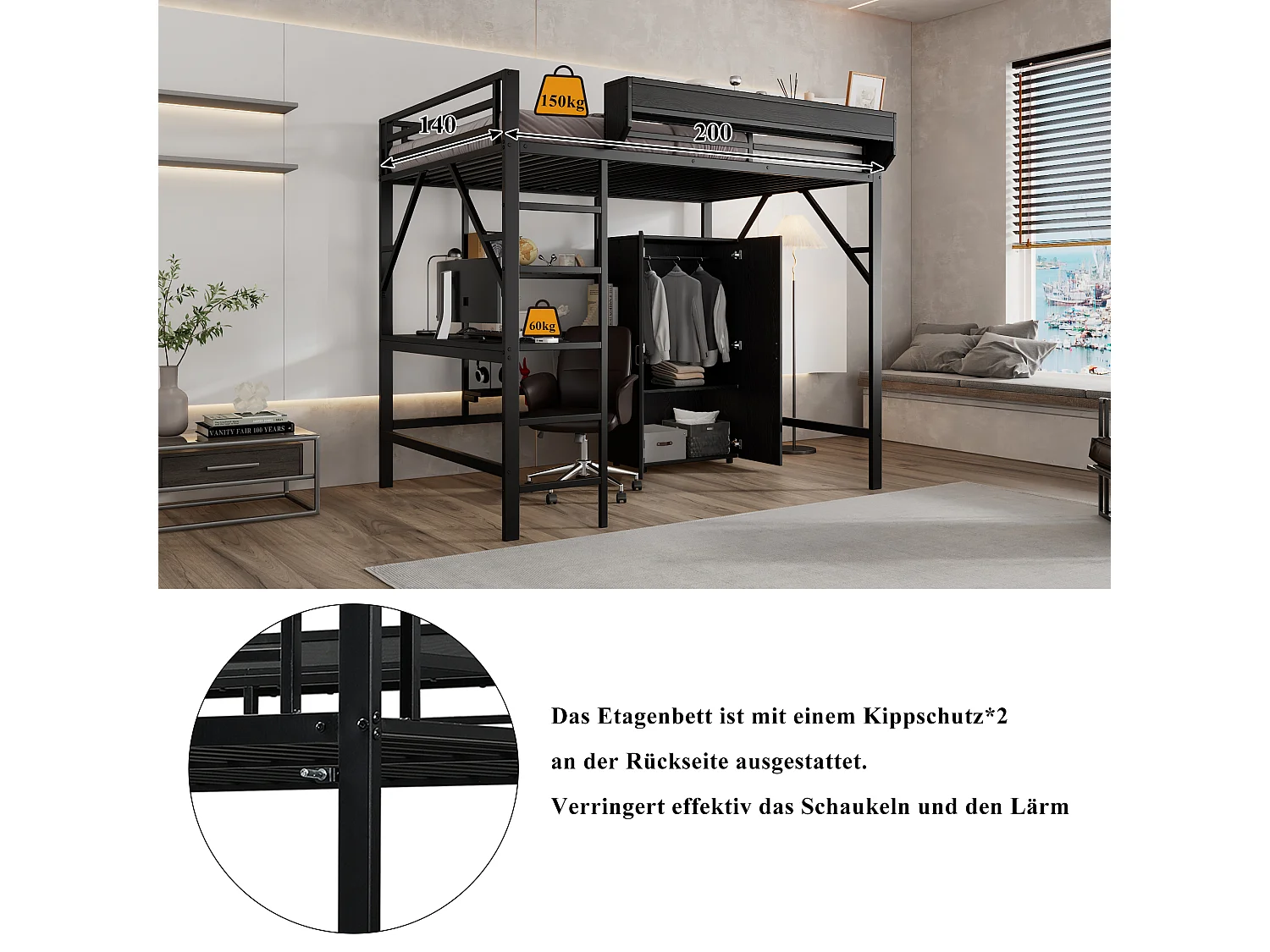 Lit mezzanine en fer enfant - 140 x 200 cm - avec armoire + bureau + étagère de rangement - fer + MDF - noir