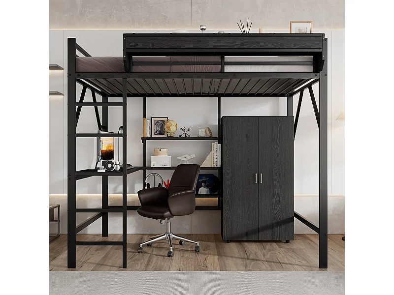 Lit mezzanine en fer enfant - 140 x 200 cm - avec armoire + bureau + étagère de rangement - fer + MDF - noir