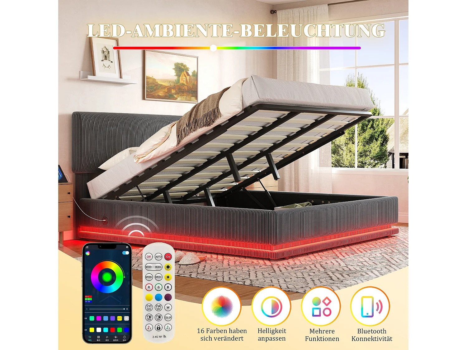 Lit coffre hydraulique capitonné - 180 x 200 cm - avec Leds + USB + tête de lit réglable - velours - gris