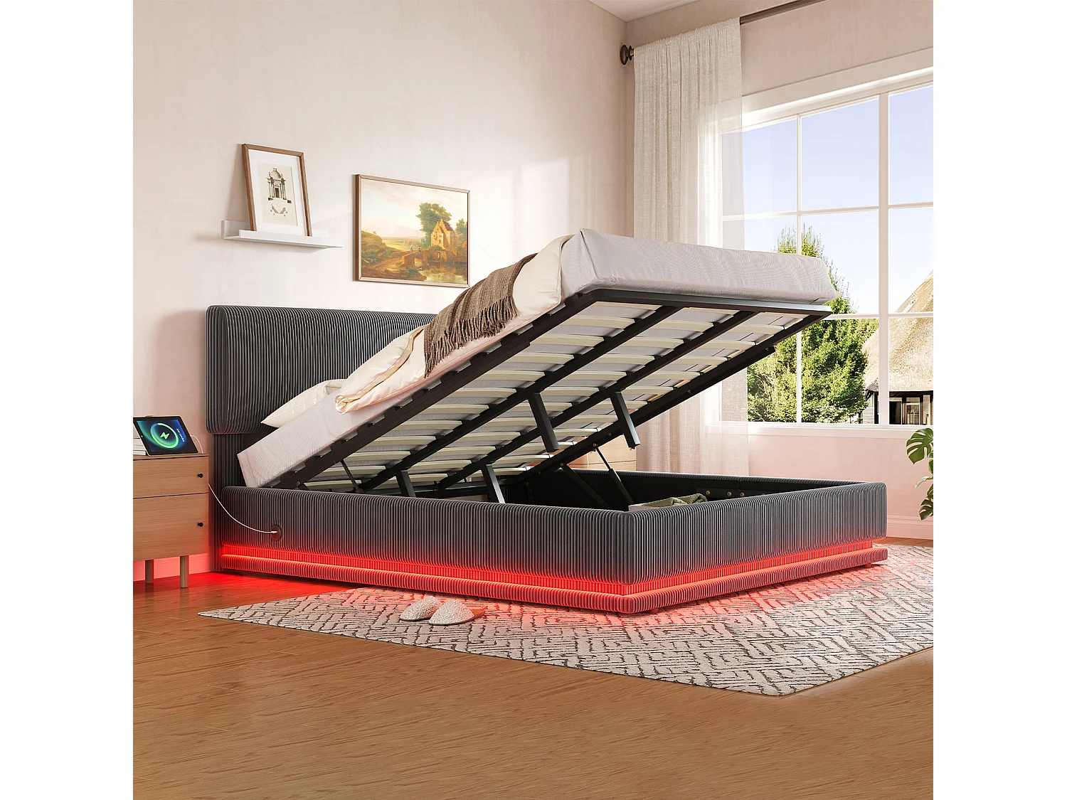 Lit coffre hydraulique capitonné - 180 x 200 cm - avec Leds + USB + tête de lit réglable - velours - gris