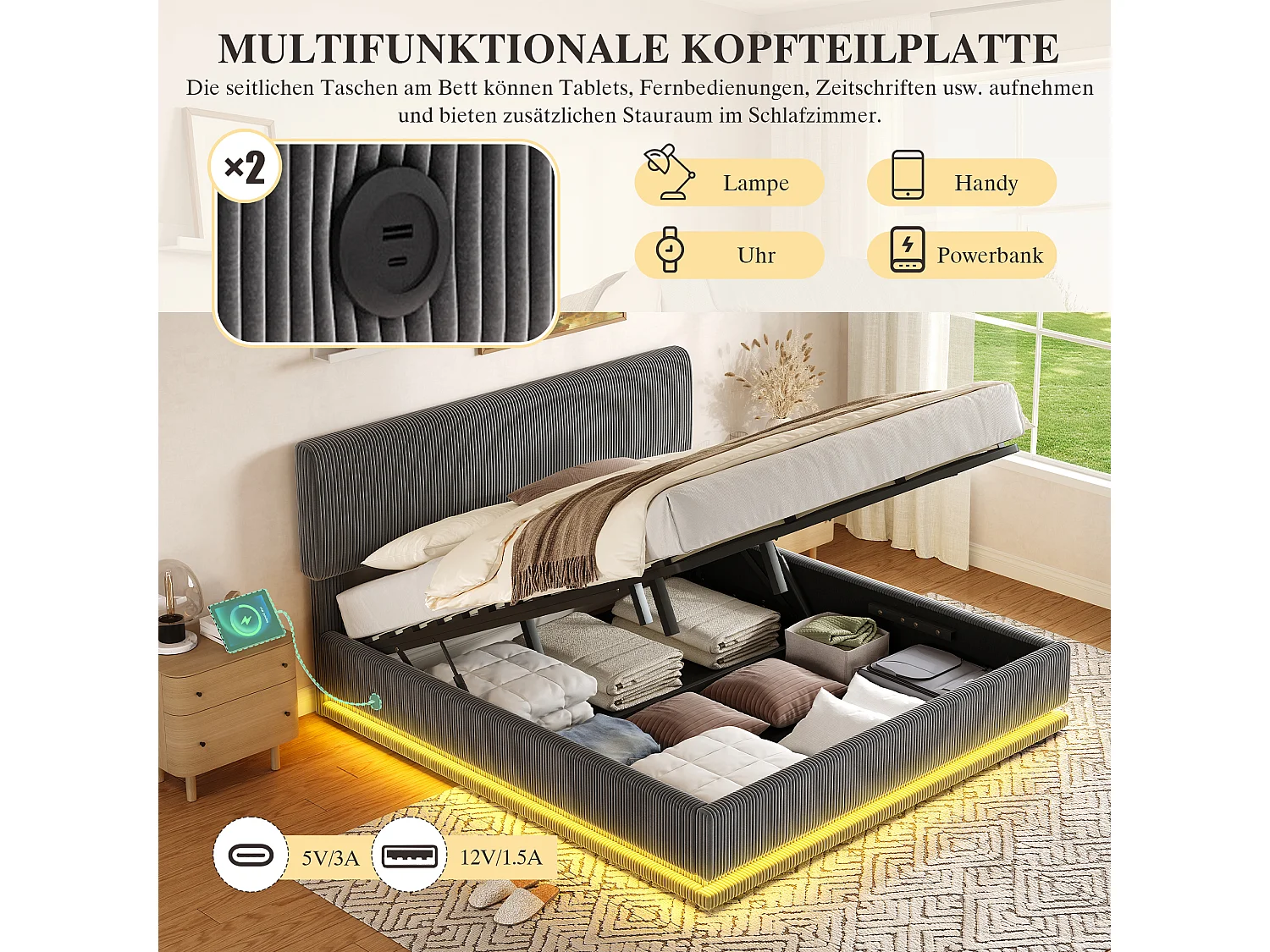 Lit coffre hydraulique capitonné - 180 x 200 cm - avec Leds + USB + tête de lit réglable - velours - gris