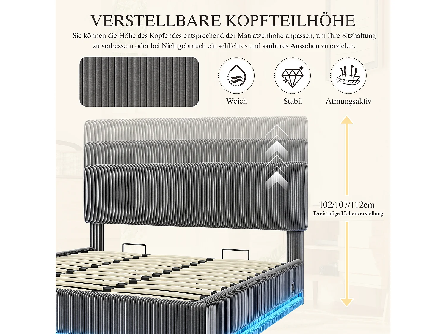 Lit coffre hydraulique capitonné - 180 x 200 cm - avec Leds + USB + tête de lit réglable - velours - gris