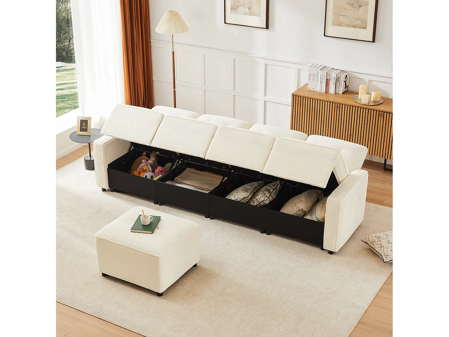 Nowoczesna sofa 4-osobowa - 280 x 146 x 85 cm - ze schowkiem pod siedziskiem + pufa modułowa - welur - beż