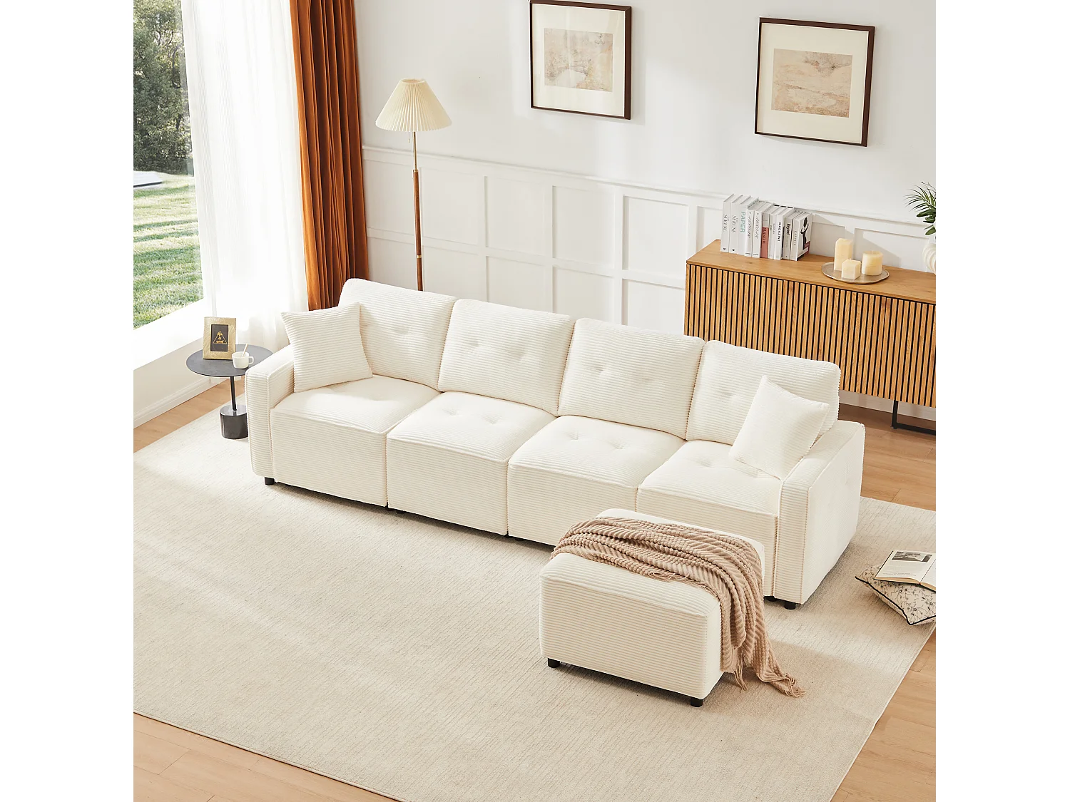 Nowoczesna sofa 4-osobowa - 280 x 146 x 85 cm - ze schowkiem pod siedziskiem + pufa modułowa - welur - beż