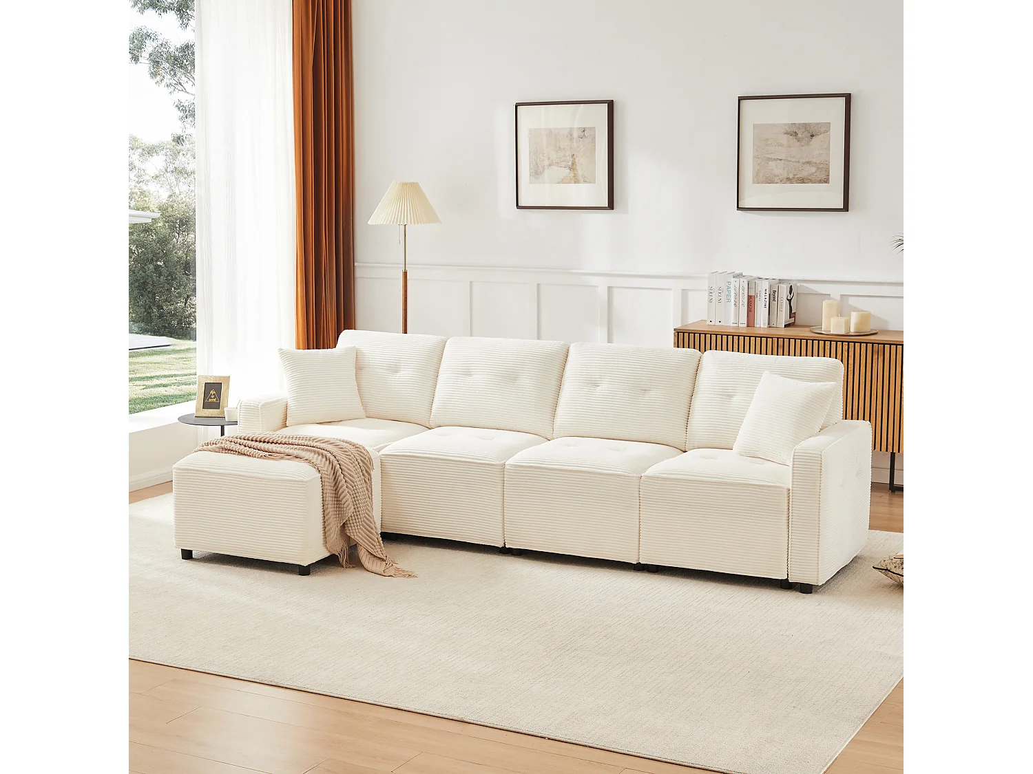Nowoczesna sofa 4-osobowa - 280 x 146 x 85 cm - ze schowkiem pod siedziskiem + pufa modułowa - welur - beż