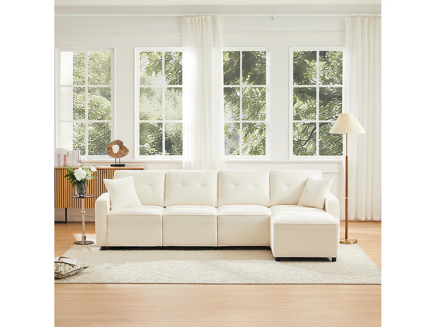 Nowoczesna sofa 4-osobowa - 280 x 146 x 85 cm - ze schowkiem pod siedziskiem + pufa modułowa - welur - beż