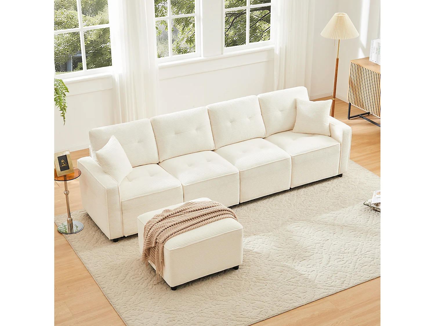 Nowoczesna sofa 4-osobowa - 280 x 146 x 85 cm - ze schowkiem pod siedziskiem + pufa modułowa - welur - beż