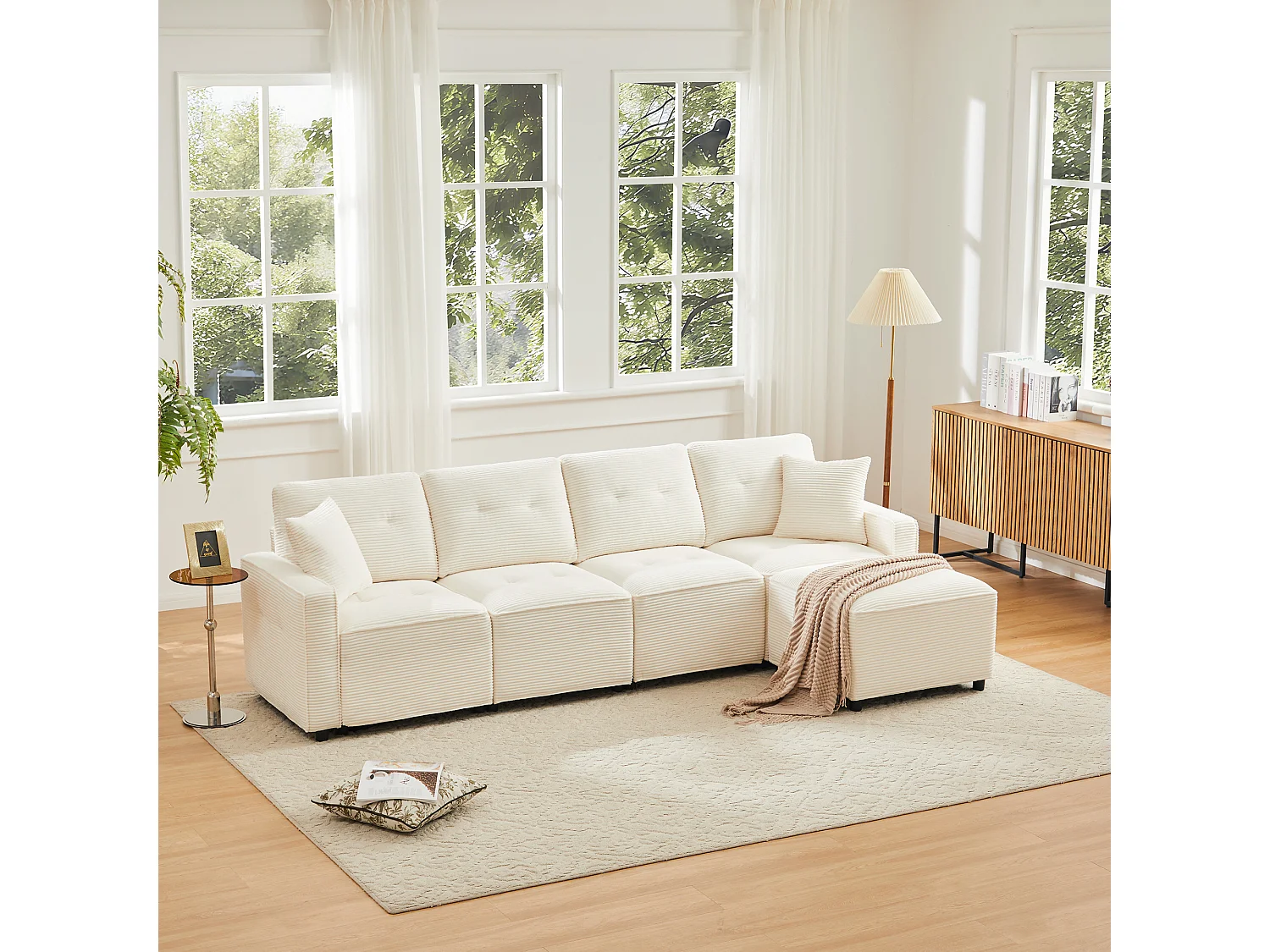 Nowoczesna sofa 4-osobowa - 280 x 146 x 85 cm - ze schowkiem pod siedziskiem + pufa modułowa - welur - beż