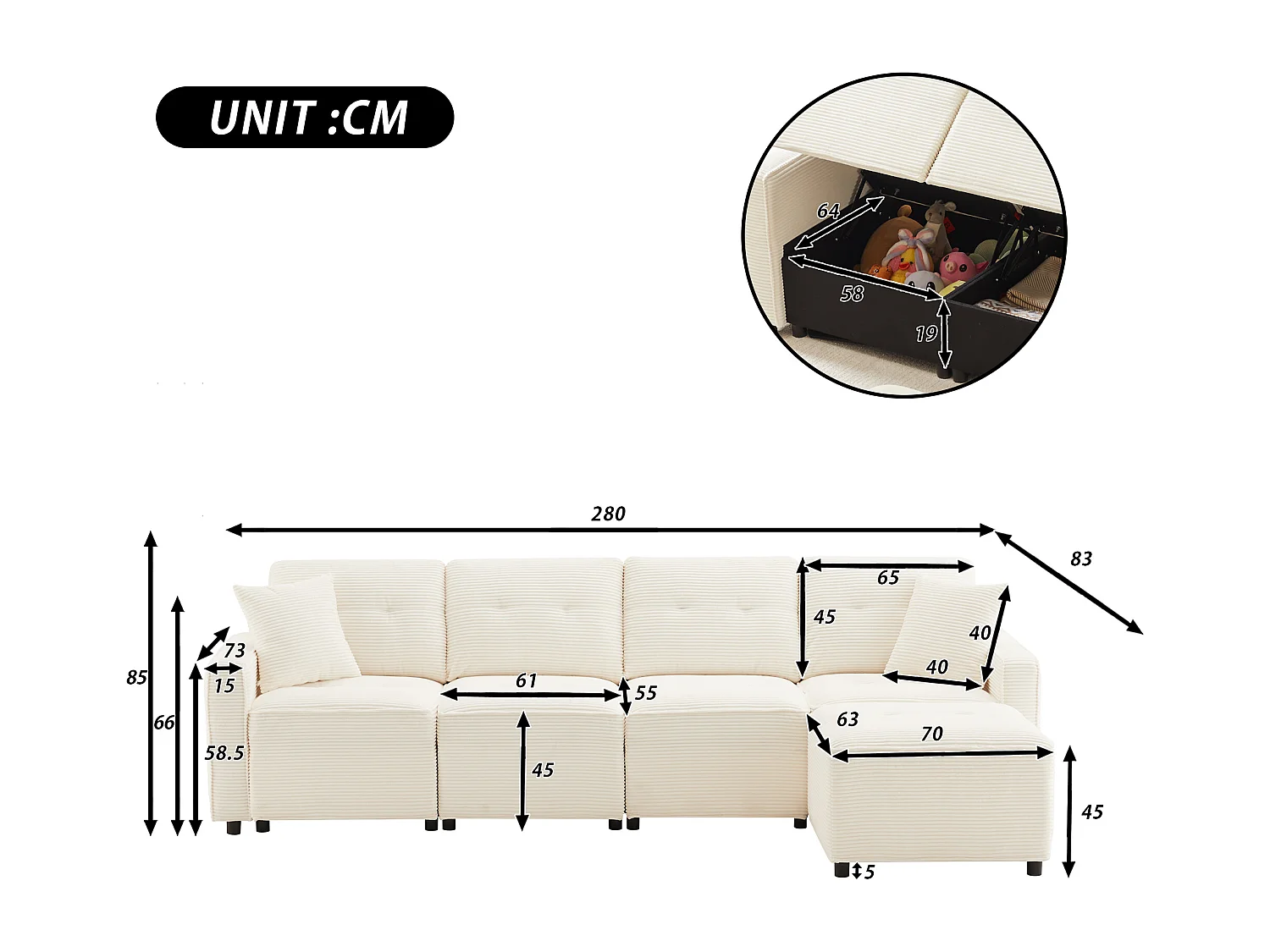 Nowoczesna sofa 4-osobowa - 280 x 146 x 85 cm - ze schowkiem pod siedziskiem + pufa modułowa - welur - beż