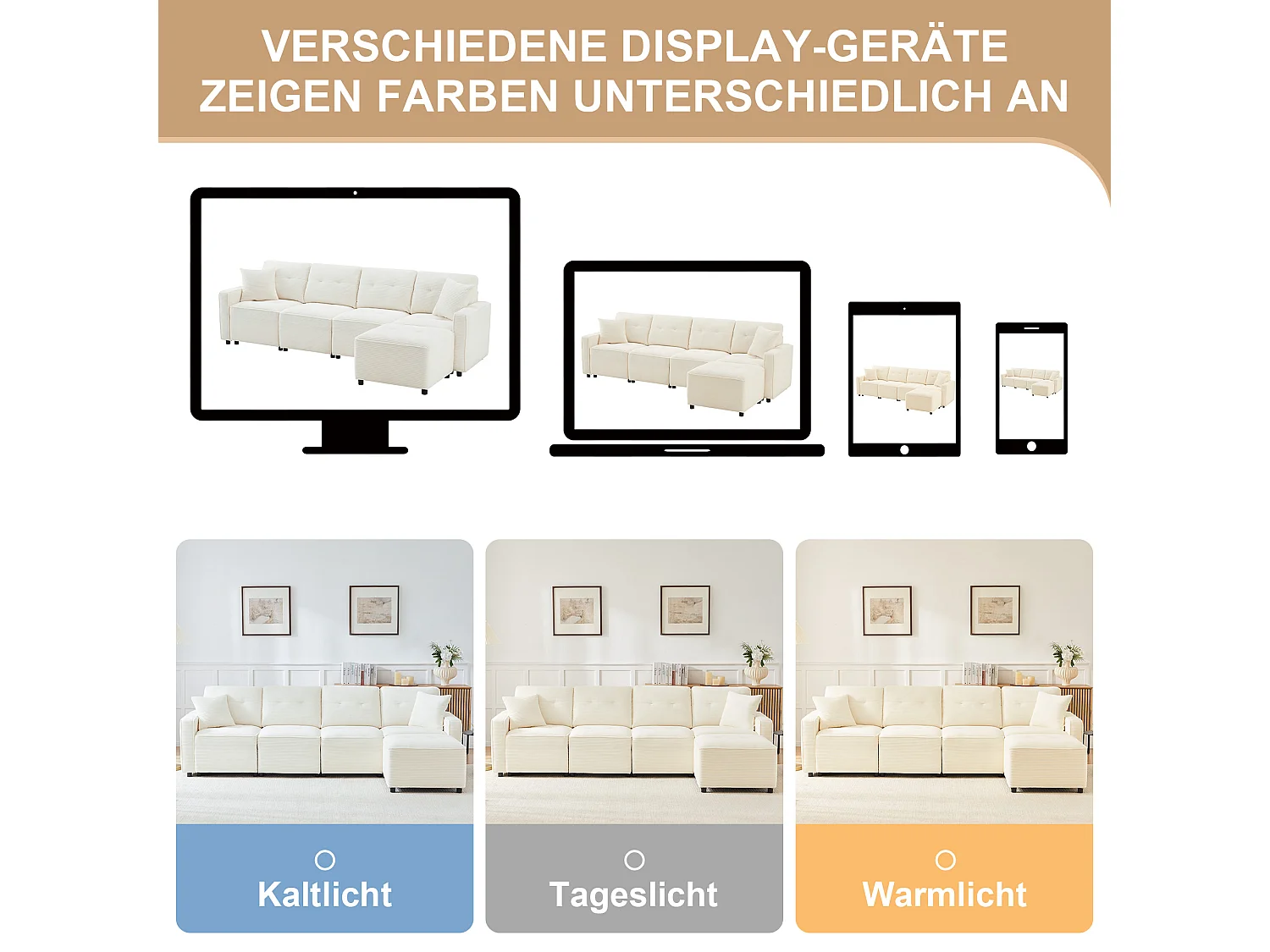 Nowoczesna sofa 4-osobowa - 280 x 146 x 85 cm - ze schowkiem pod siedziskiem + pufa modułowa - welur - beż