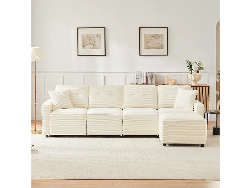 Nowoczesna sofa 4-osobowa - 280 x 146 x 85 cm - ze schowkiem pod siedziskiem + pufa modułowa - welur - beż