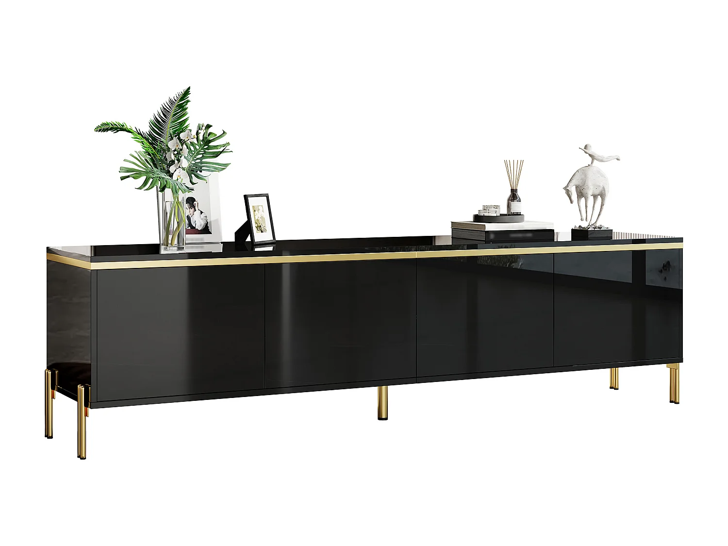 Moderner, glänzender TV-Ständer – 170 x 38 x 50 cm – mit 4 Türen und goldenen Kanten – Spanplatte – schwarz