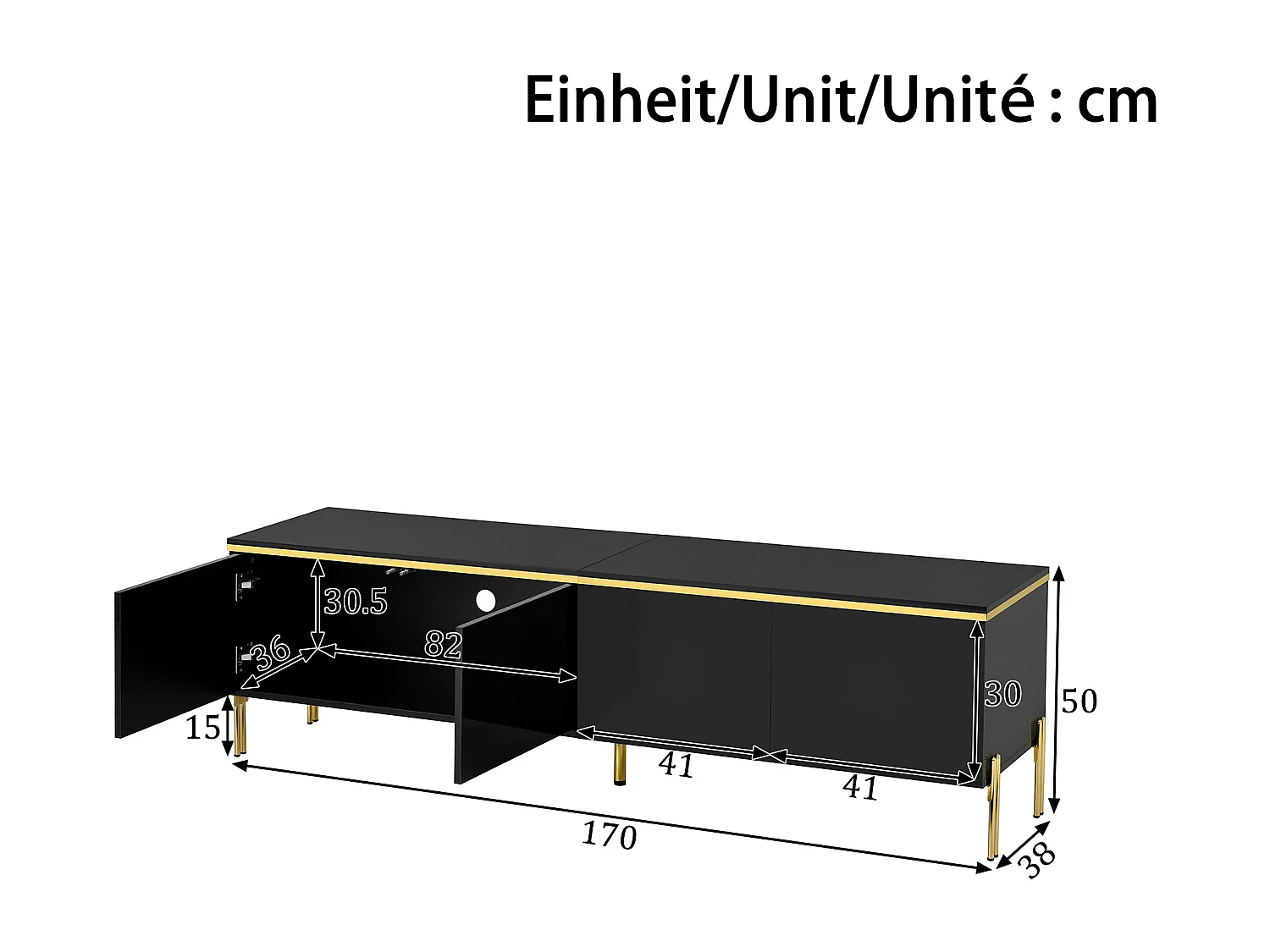 Moderner, glänzender TV-Ständer – 170 x 38 x 50 cm – mit 4 Türen und goldenen Kanten – Spanplatte – schwarz