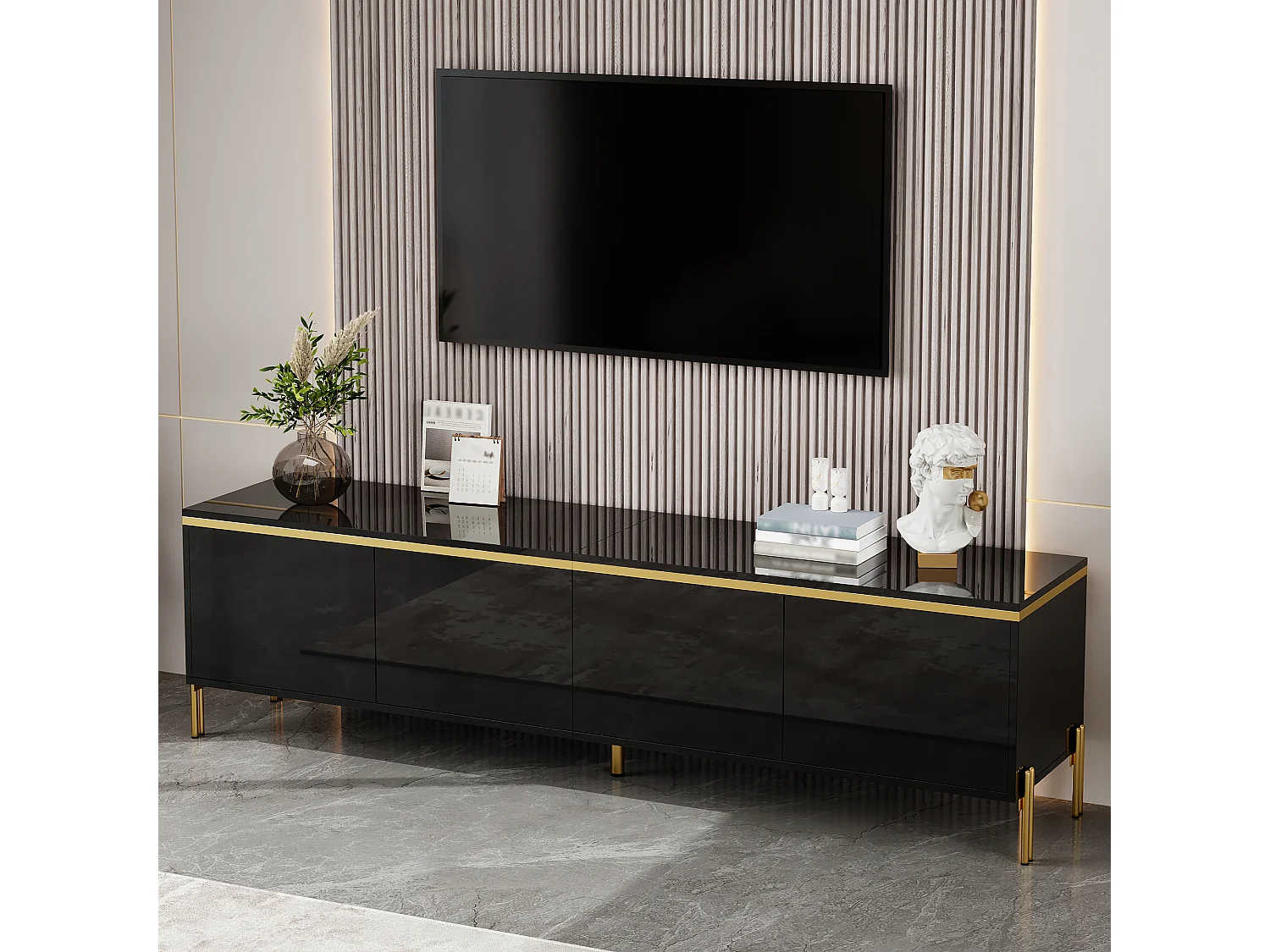 Moderner, glänzender TV-Ständer – 170 x 38 x 50 cm – mit 4 Türen und goldenen Kanten – Spanplatte – schwarz