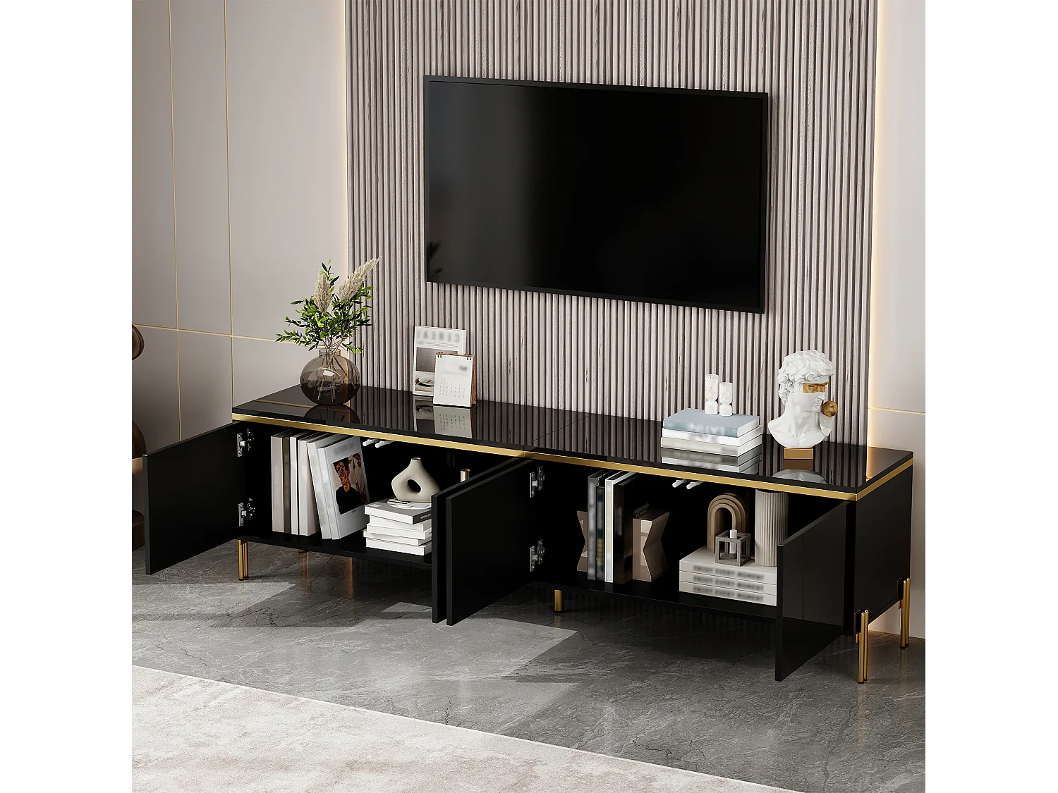 Moderner, glänzender TV-Ständer – 170 x 38 x 50 cm – mit 4 Türen und goldenen Kanten – Spanplatte – schwarz
