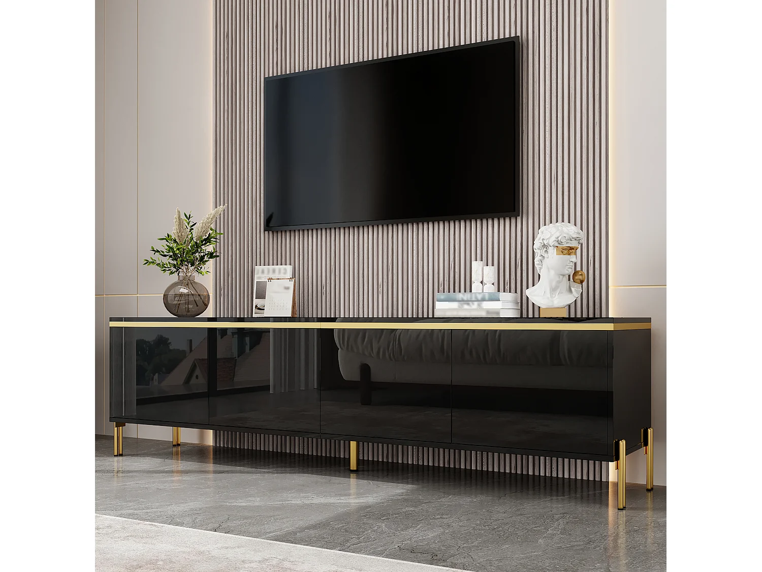 Moderner, glänzender TV-Ständer – 170 x 38 x 50 cm – mit 4 Türen und goldenen Kanten – Spanplatte – schwarz