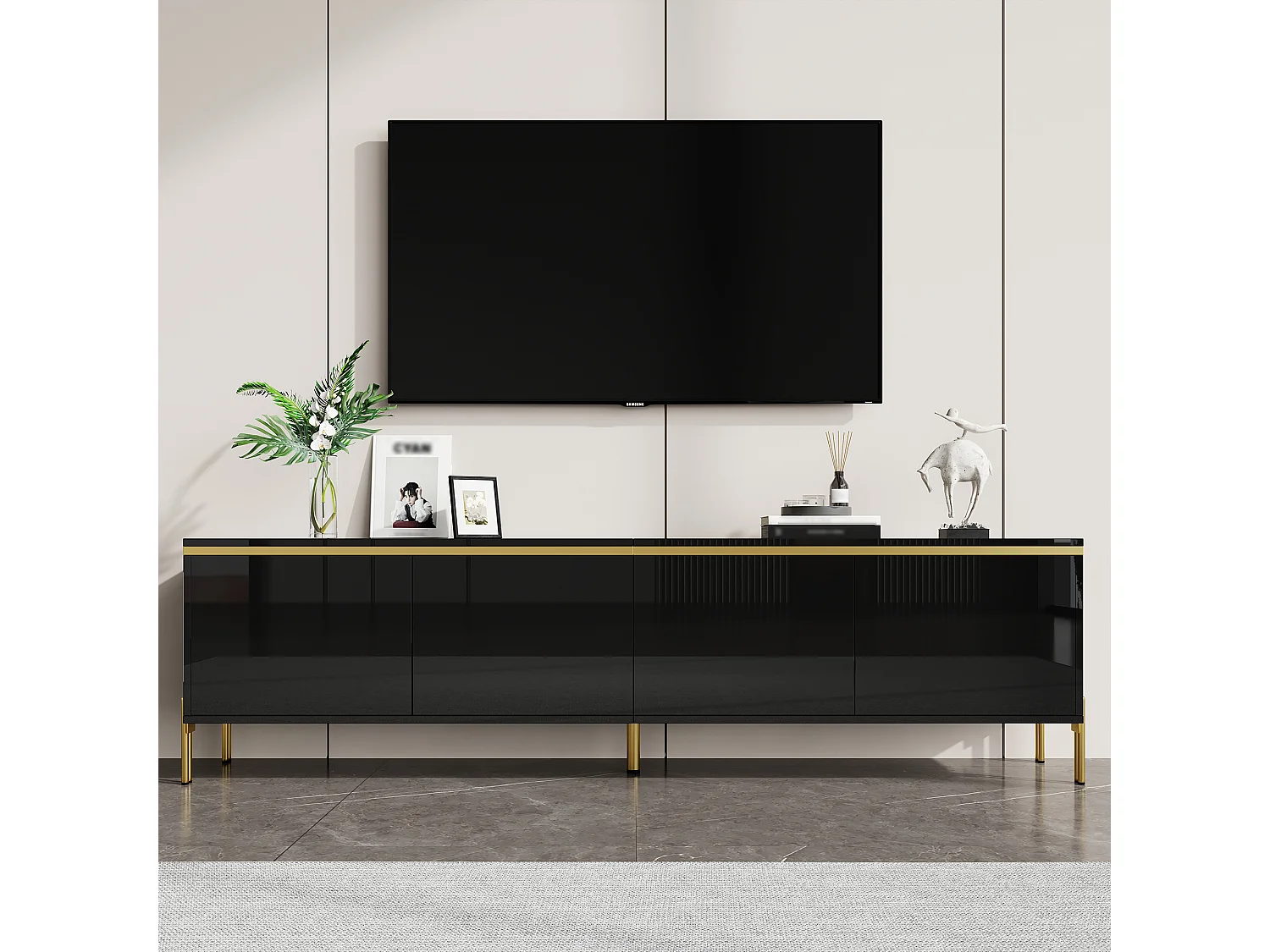 Moderner, glänzender TV-Ständer – 170 x 38 x 50 cm – mit 4 Türen und goldenen Kanten – Spanplatte – schwarz