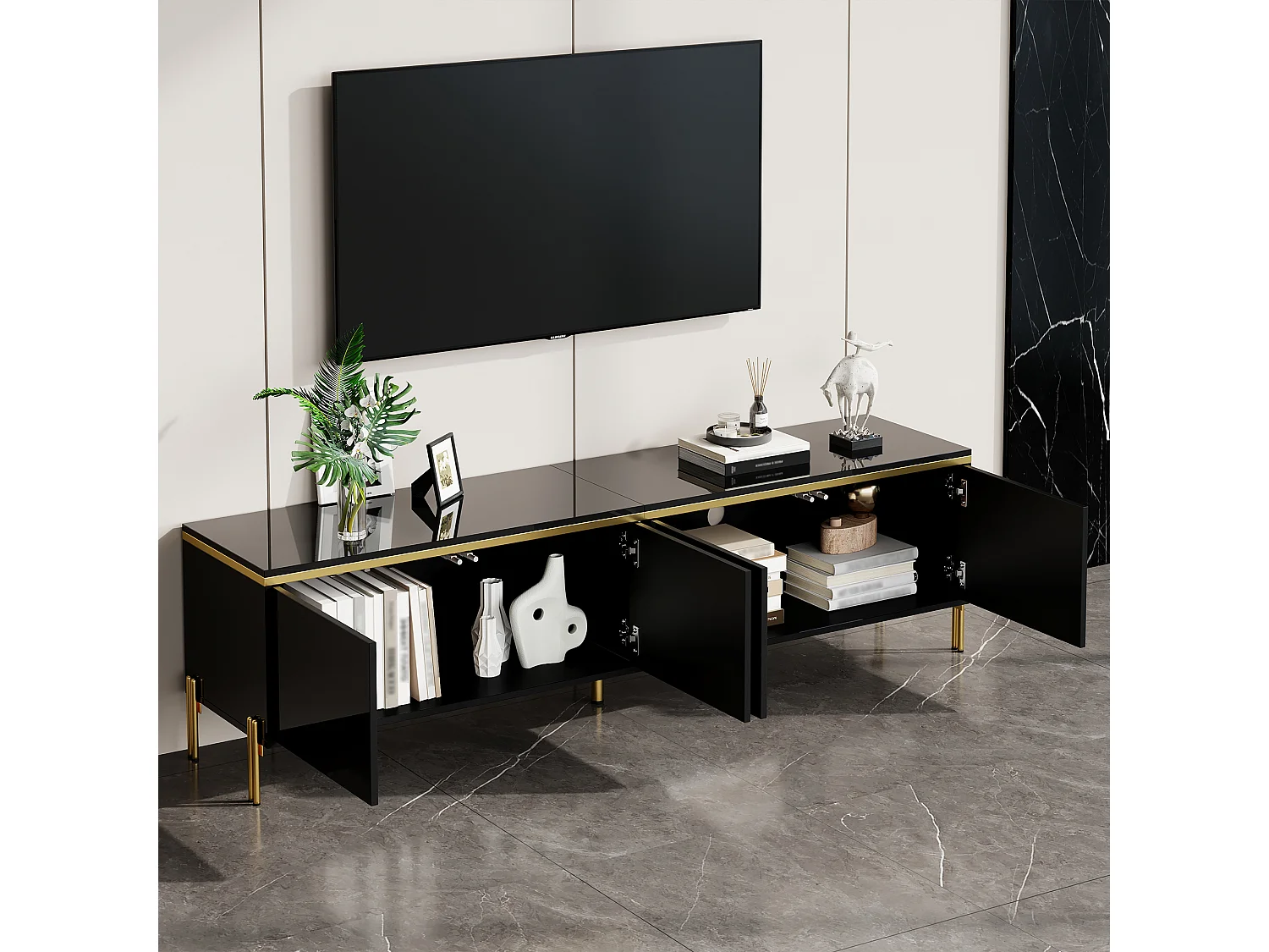 Moderner, glänzender TV-Ständer – 170 x 38 x 50 cm – mit 4 Türen und goldenen Kanten – Spanplatte – schwarz