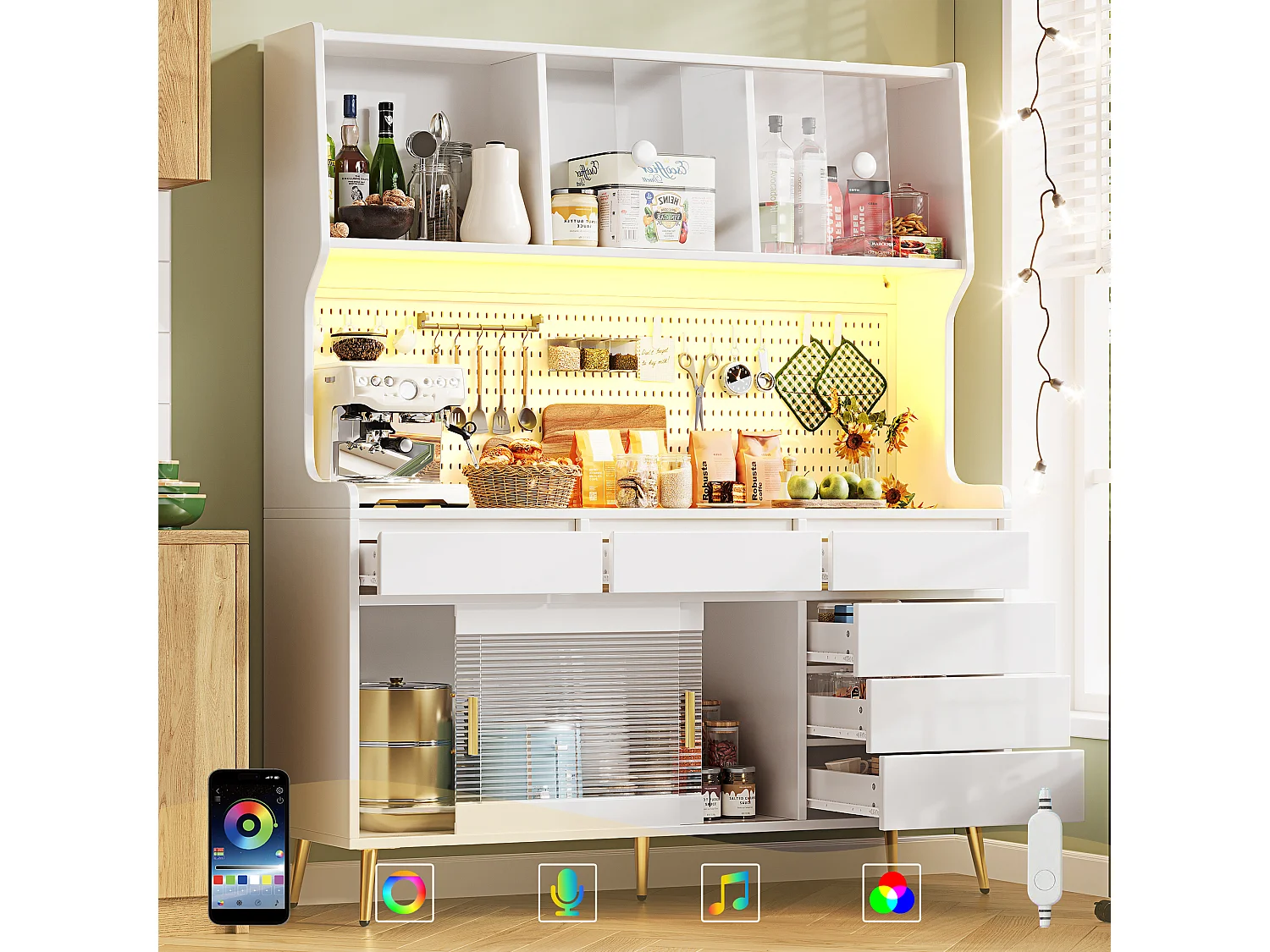 Nowoczesna komoda kuchenna - 145 x 39 x 171 cm - z diodami LED + 6 szuflad + drzwi + półka i perforowana ścianka - MDF + szkło - biała