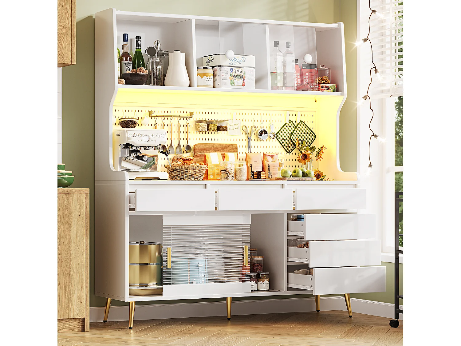 Nowoczesna komoda kuchenna - 145 x 39 x 171 cm - z diodami LED + 6 szuflad + drzwi + półka i perforowana ścianka - MDF + szkło - biała