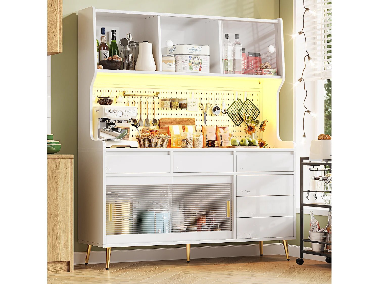 Nowoczesna komoda kuchenna - 145 x 39 x 171 cm - z diodami LED + 6 szuflad + drzwi + półka i perforowana ścianka - MDF + szkło - biała