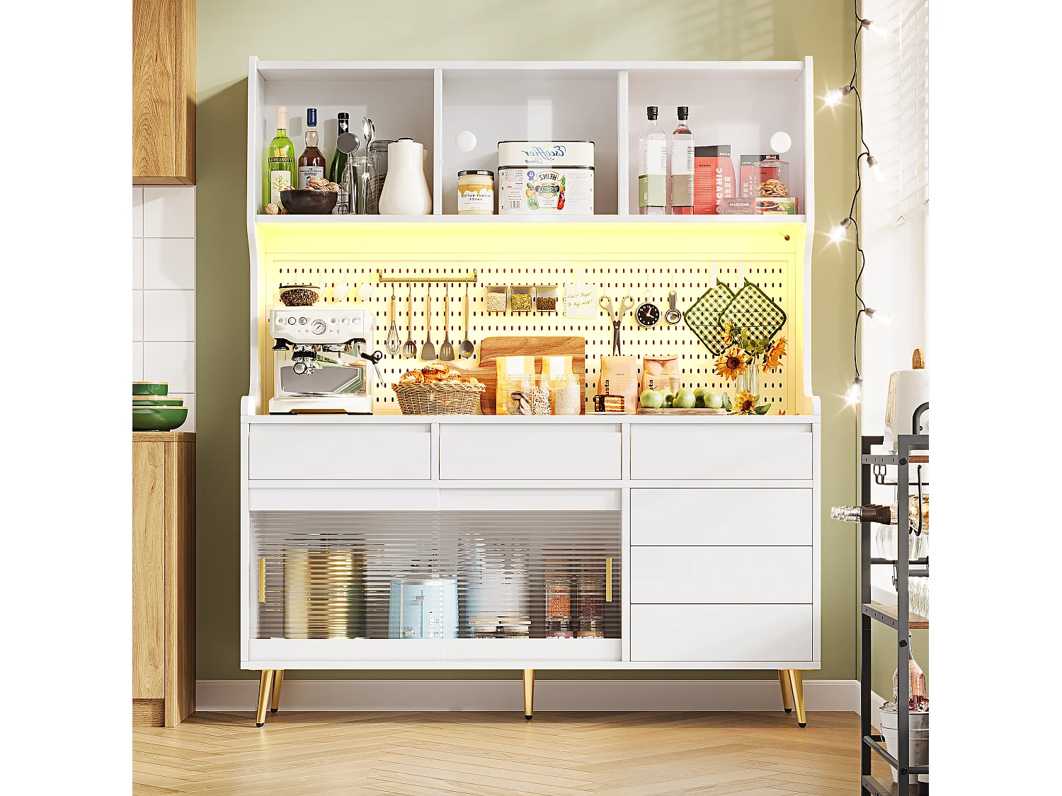 Nowoczesna komoda kuchenna - 145 x 39 x 171 cm - z diodami LED + 6 szuflad + drzwi + półka i perforowana ścianka - MDF + szkło - biała