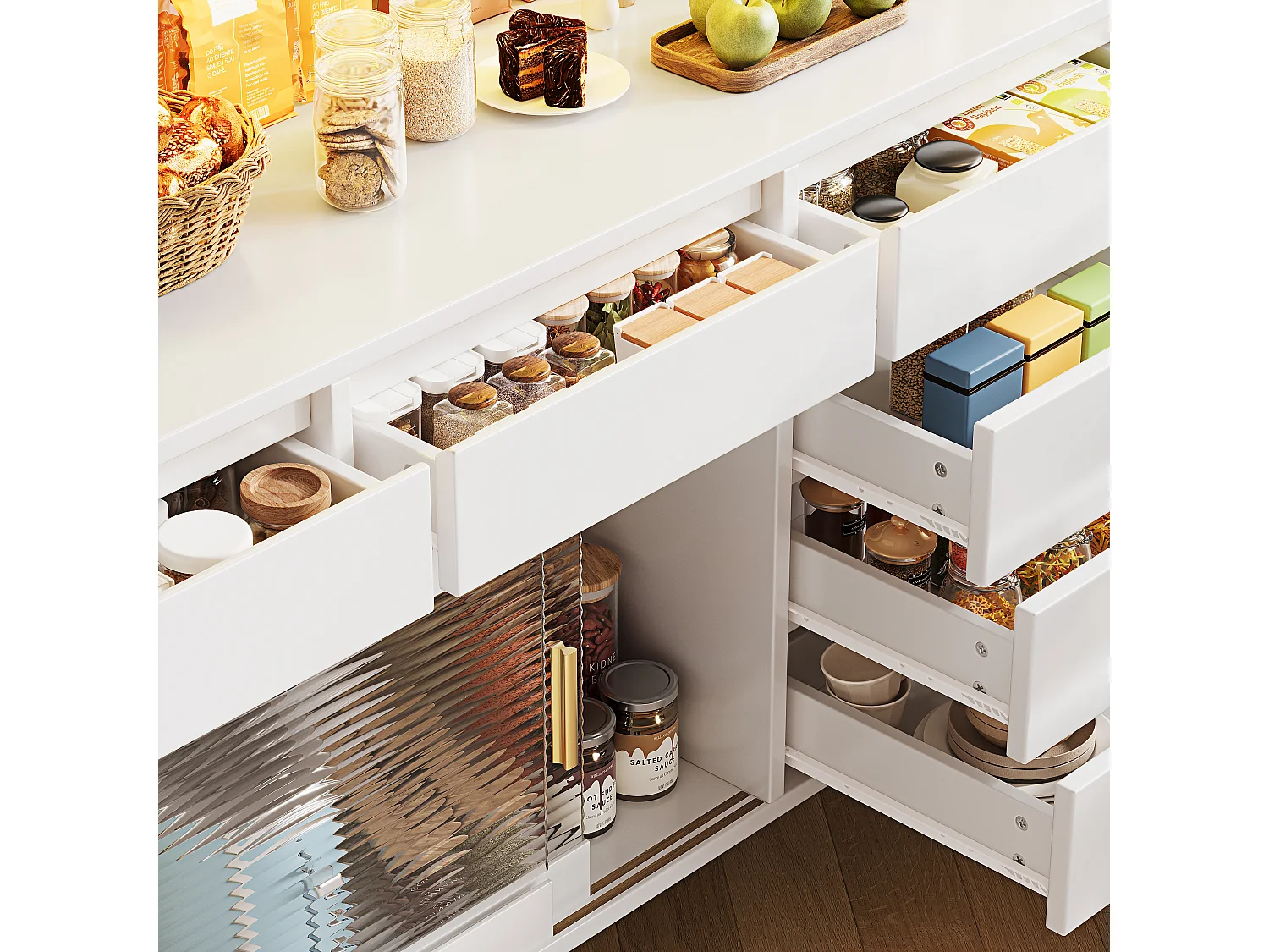 Nowoczesna komoda kuchenna - 145 x 39 x 171 cm - z diodami LED + 6 szuflad + drzwi + półka i perforowana ścianka - MDF + szkło - biała