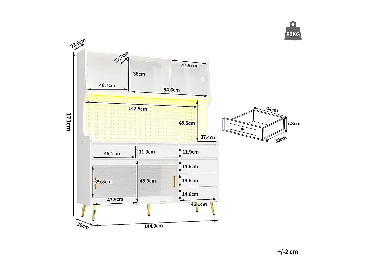 Nowoczesna komoda kuchenna - 145 x 39 x 171 cm - z diodami LED + 6 szuflad + drzwi + półka i perforowana ścianka - MDF + szkło - biała