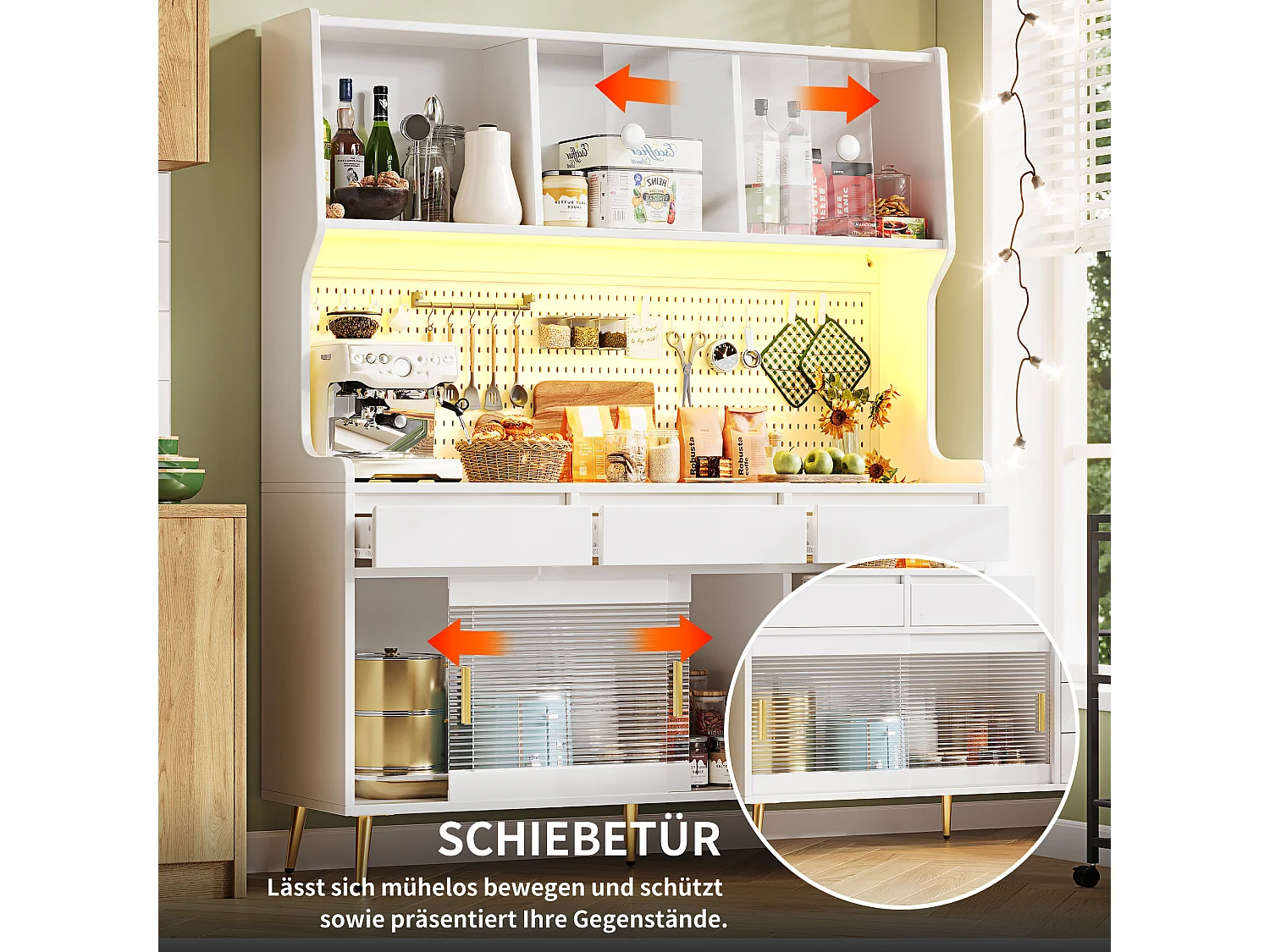 Nowoczesna komoda kuchenna - 145 x 39 x 171 cm - z diodami LED + 6 szuflad + drzwi + półka i perforowana ścianka - MDF + szkło - biała