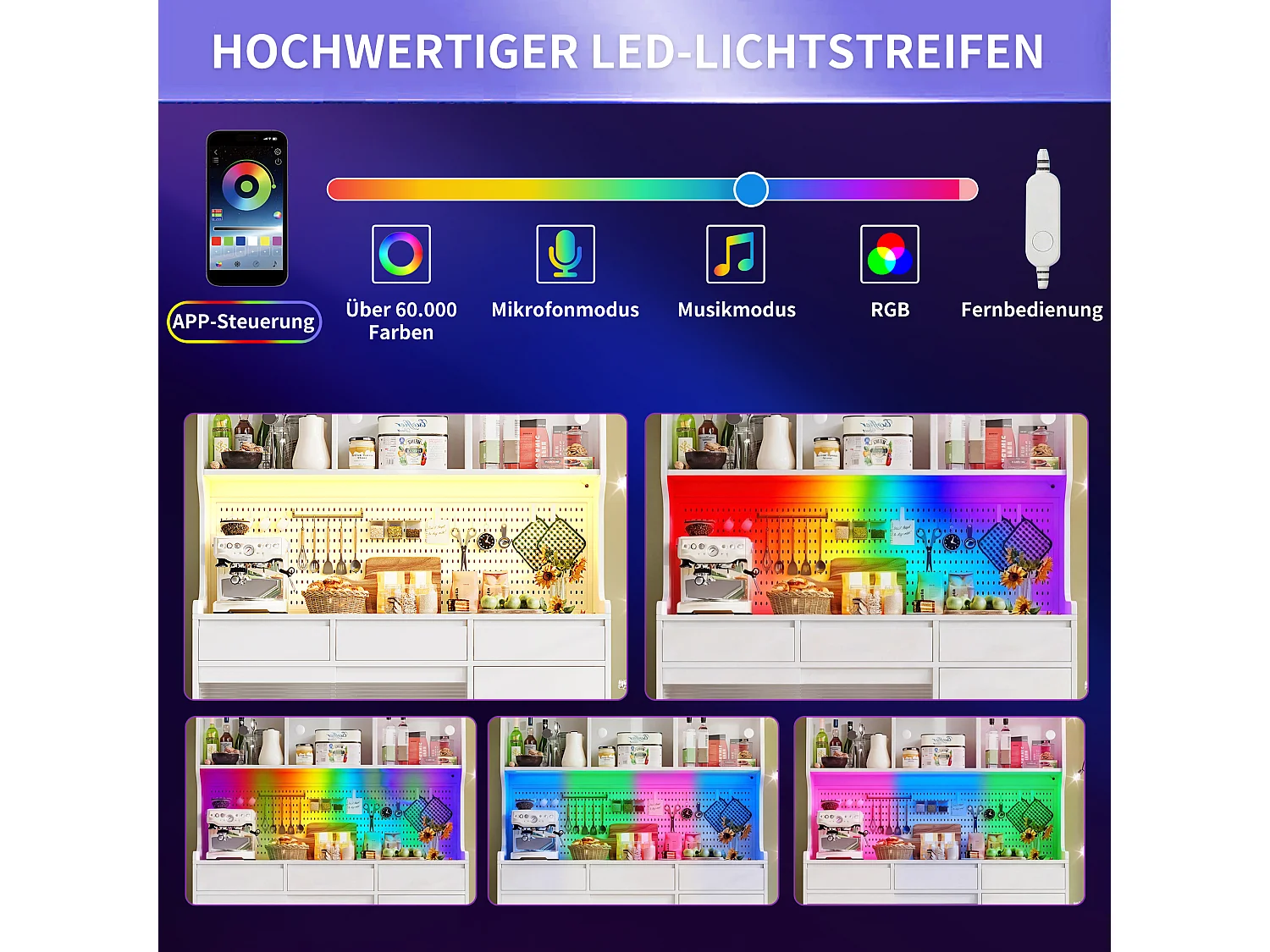 Nowoczesna komoda kuchenna - 145 x 39 x 171 cm - z diodami LED + 6 szuflad + drzwi + półka i perforowana ścianka - MDF + szkło - biała