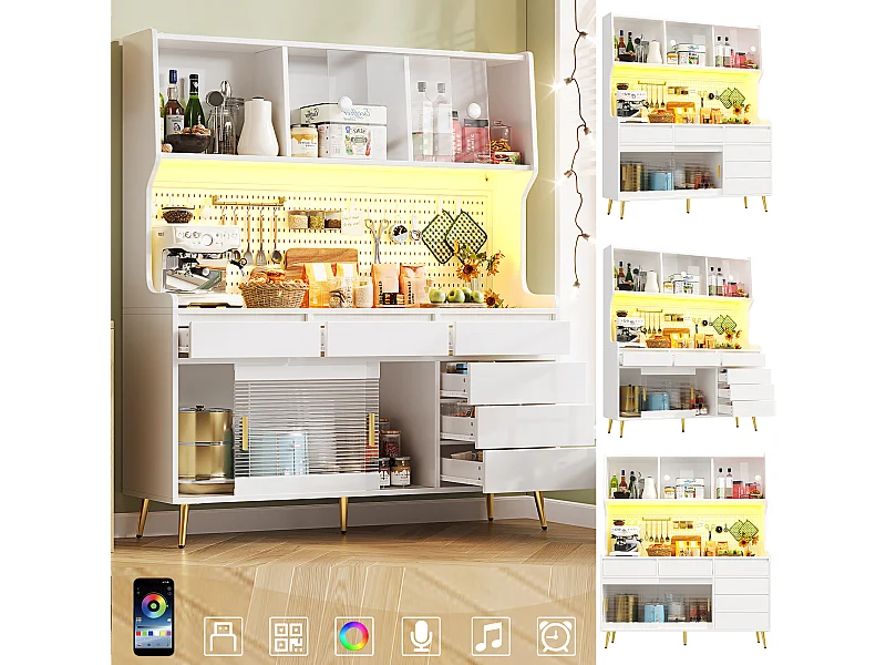 Nowoczesna komoda kuchenna - 145 x 39 x 171 cm - z diodami LED + 6 szuflad + drzwi + półka i perforowana ścianka - MDF + szkło - biała