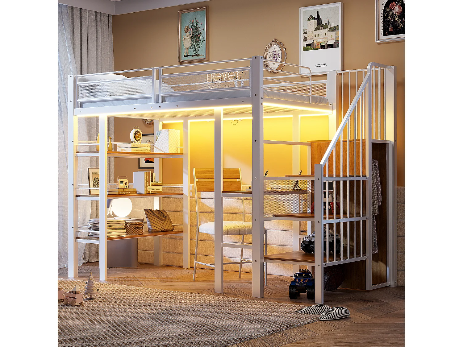 Lit mezzanine en métal pour enfant - 90 x 200 cm - avec Leds + prise + étagère de rangement + bureau - métal - blanc