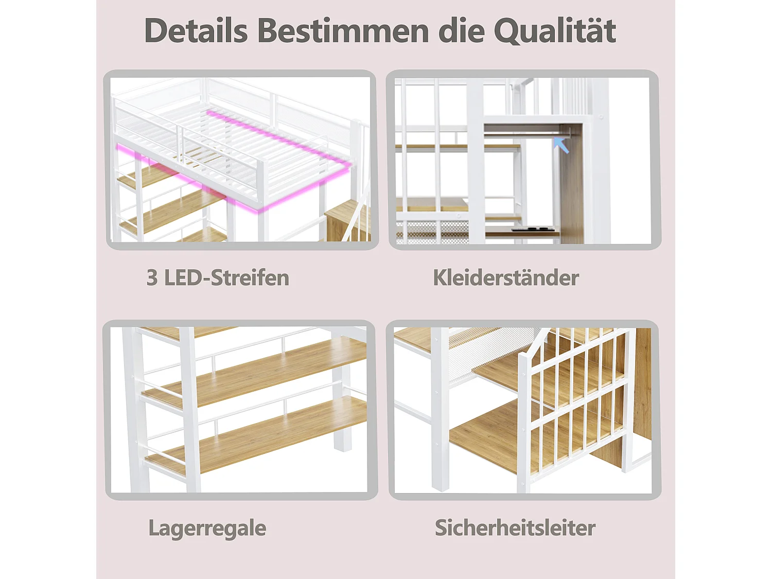 Lit mezzanine en métal pour enfant - 90 x 200 cm - avec Leds + prise + étagère de rangement + bureau - métal - blanc
