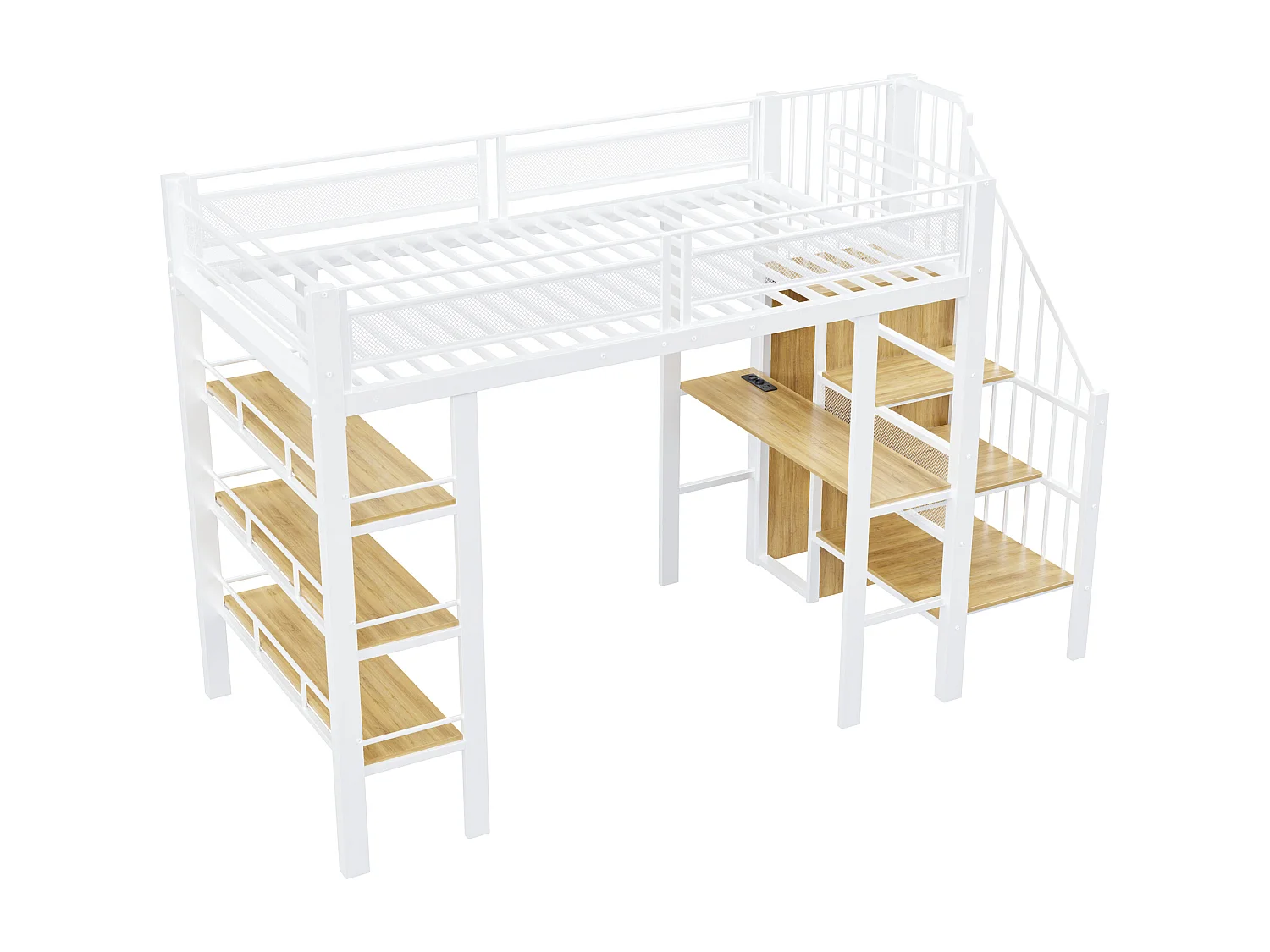 Lit mezzanine en métal pour enfant - 90 x 200 cm - avec Leds + prise + étagère de rangement + bureau - métal - blanc
