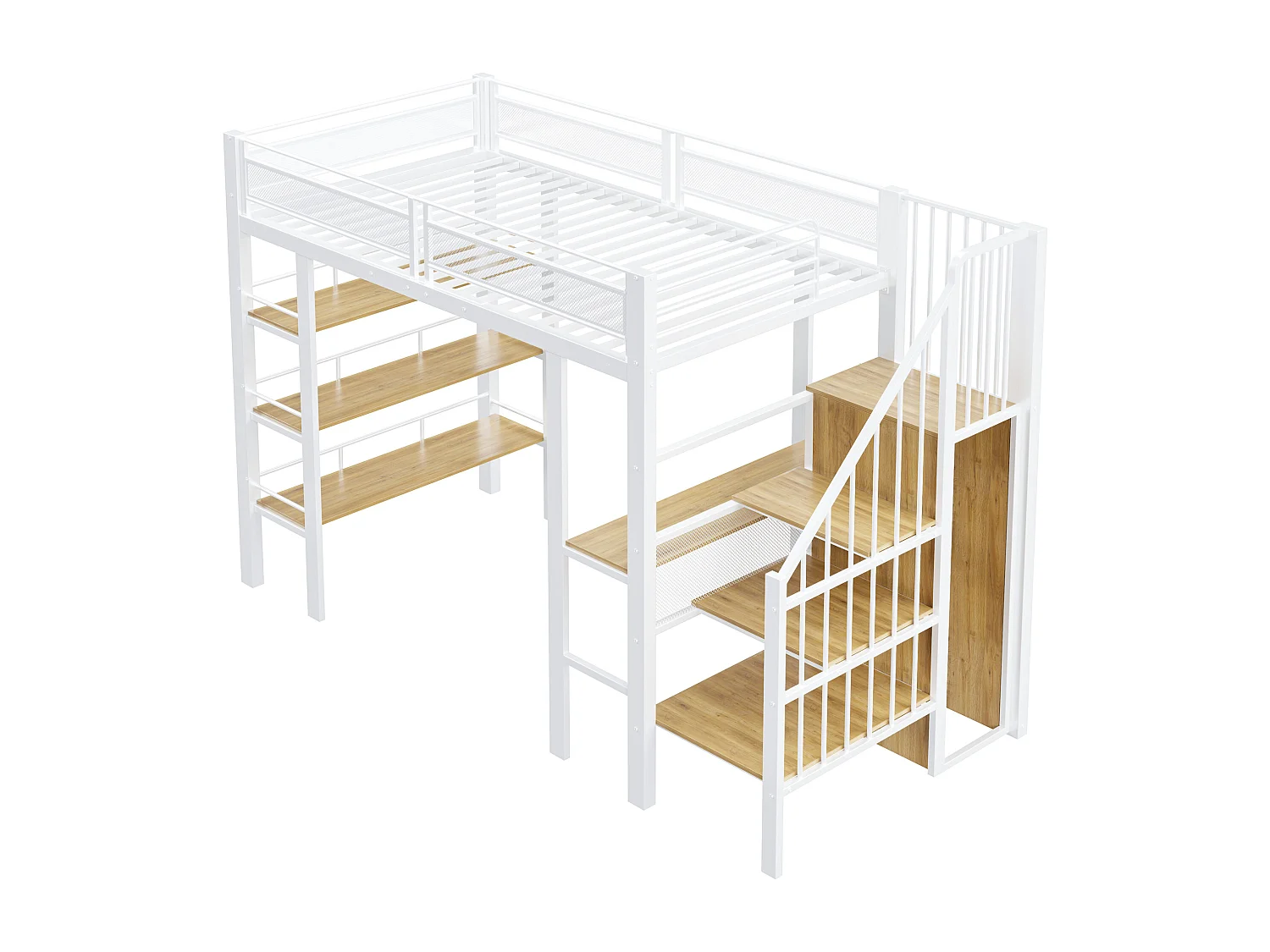 Lit mezzanine en métal pour enfant - 90 x 200 cm - avec Leds + prise + étagère de rangement + bureau - métal - blanc