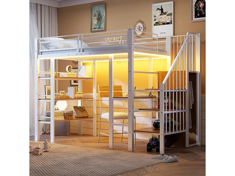 Lit mezzanine en métal pour enfant - 90 x 200 cm - avec Leds + prise + étagère de rangement + bureau - métal - blanc
