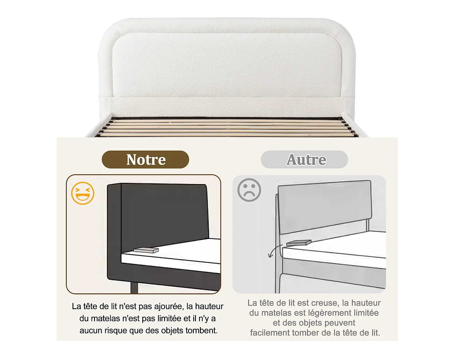 Lit offre double - 160 x 200 cm - avec tête de lit rembourrée + rangement hydrauliquement - boucle - blanc