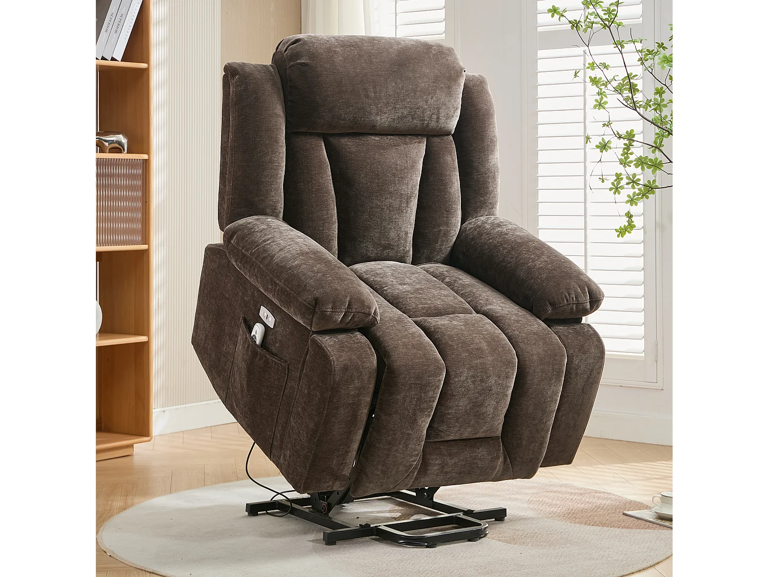 Fotel masujący elektryczny - 95 x 94 x 107 cm - z 8-punktowym masażem + funkcją podgrzewania i podnoszenia - materiałowy - brązowy